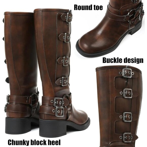 🆕Women Brown Knee High Square Toe Pull On Wide Calf Fashion Buckles Chunky Boot - Picture 3 of 6